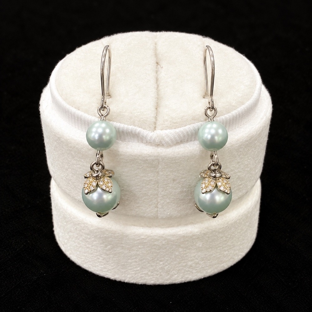 Vtg Pearl Drop Earrings Women Seafoam Green Gold Tone Leaf Crystal French Wire